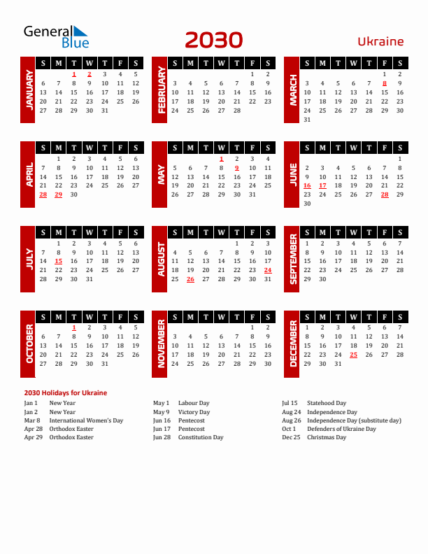 Download Ukraine 2030 Calendar - Sunday Start