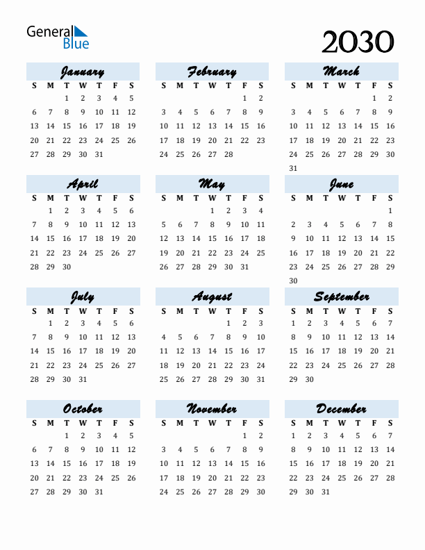 Calendar 2030 Free Download and Print