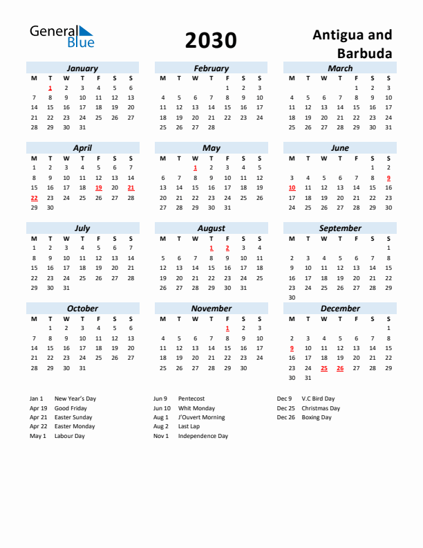 2030 Calendar for Antigua and Barbuda with Holidays