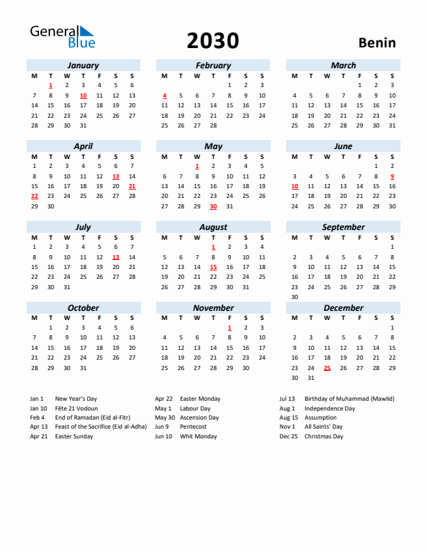 2030 Calendar for Benin with Holidays