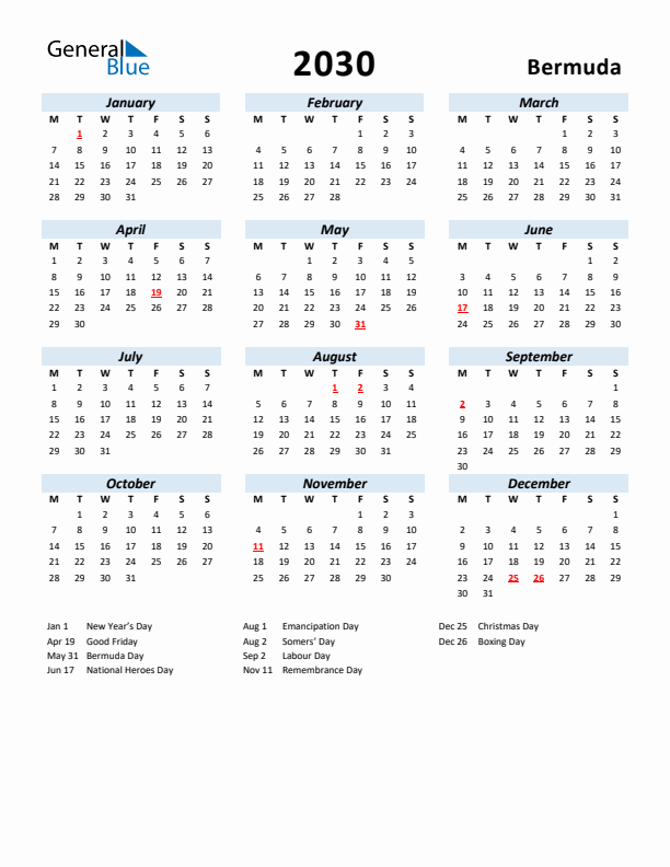 2030 Calendar for Bermuda with Holidays