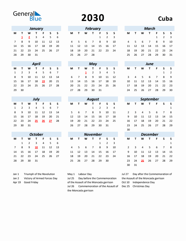 2030 Calendar for Cuba with Holidays