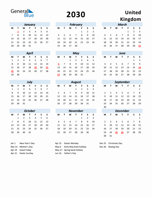 2030 Calendar for United Kingdom with Holidays