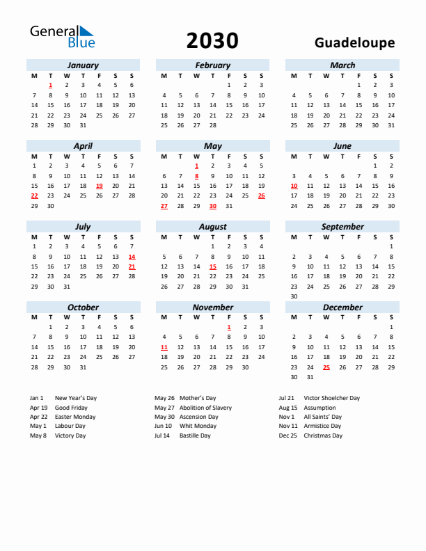 2030 Calendar for Guadeloupe with Holidays