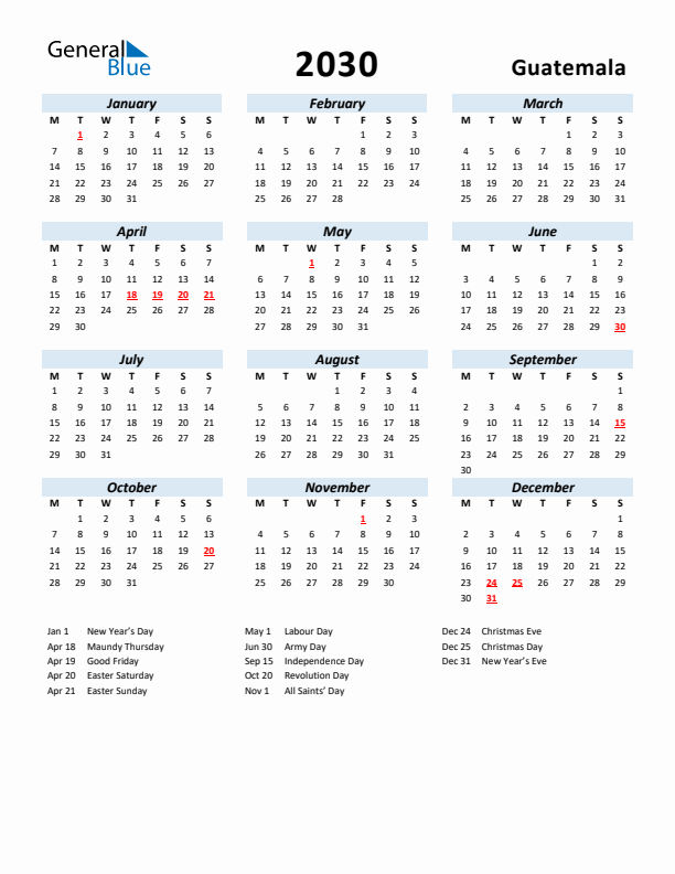 2030 Calendar for Guatemala with Holidays