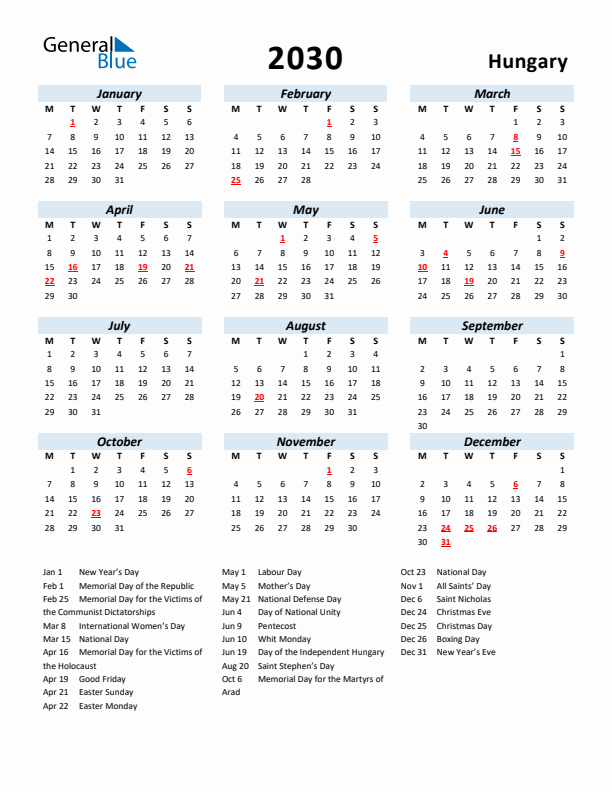 2030 Calendar for Hungary with Holidays