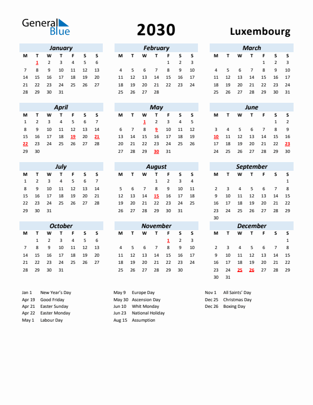 2030 Calendar for Luxembourg with Holidays