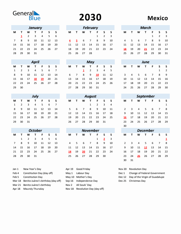 2030 Calendar for Mexico with Holidays