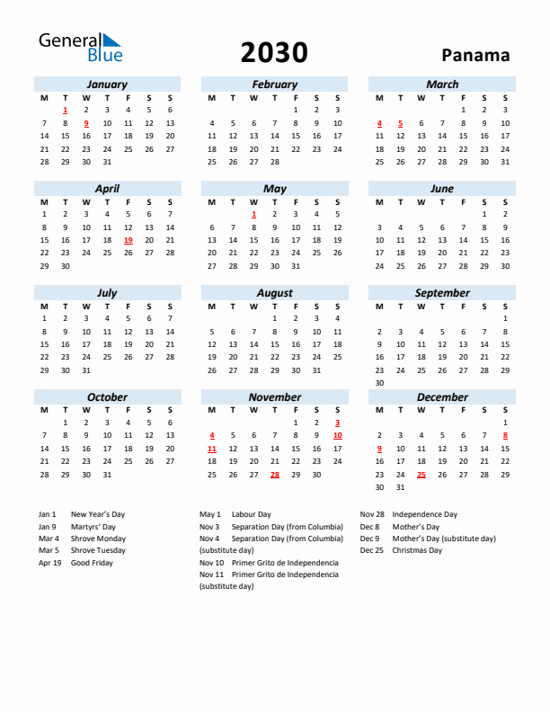 2030 Calendar for Panama with Holidays