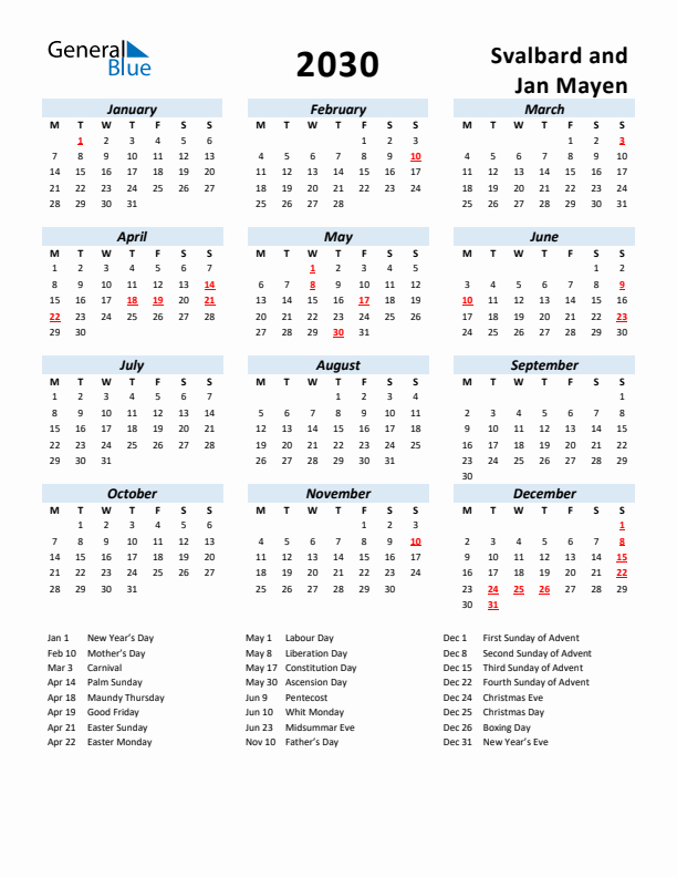 2030 Calendar for Svalbard and Jan Mayen with Holidays