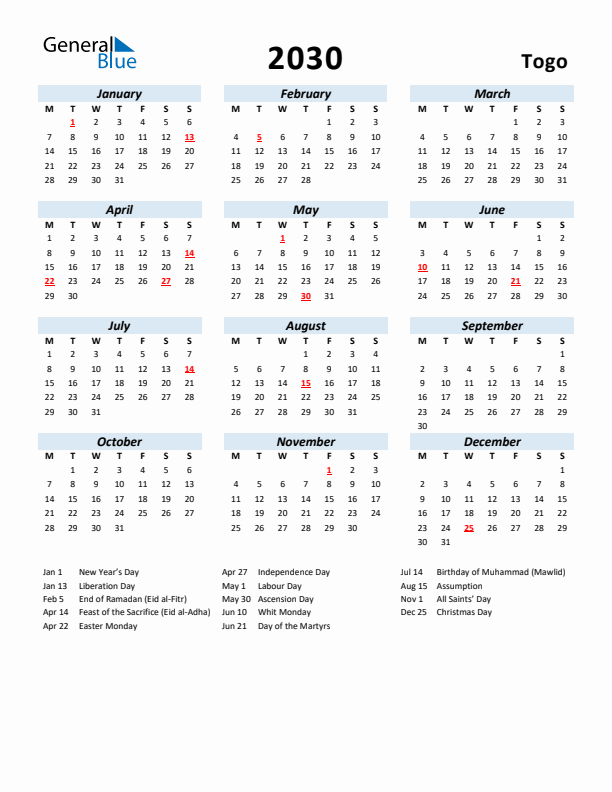 2030 Calendar for Togo with Holidays