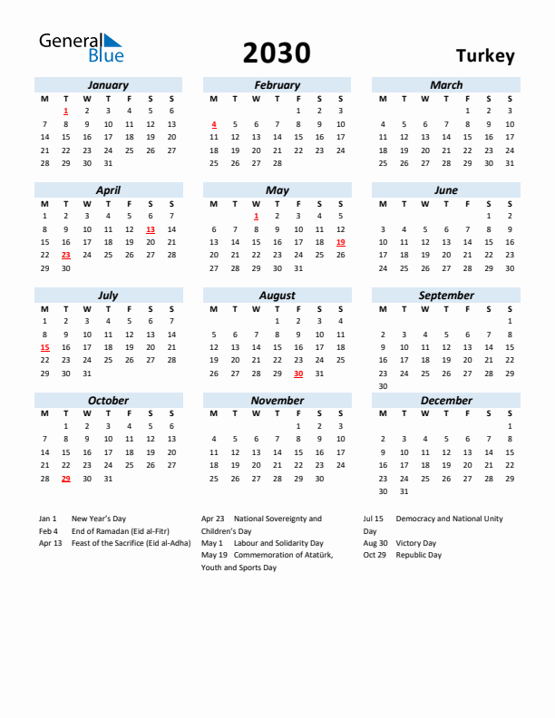 2030 Calendar for Turkey with Holidays