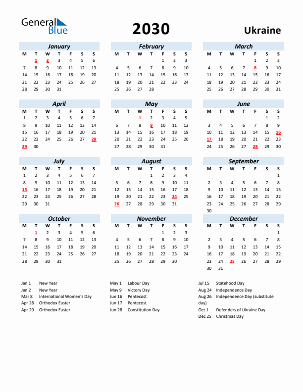 2030 Calendar for Ukraine with Holidays