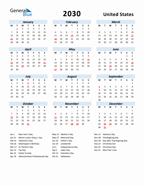 2030 Calendar for United States with Holidays