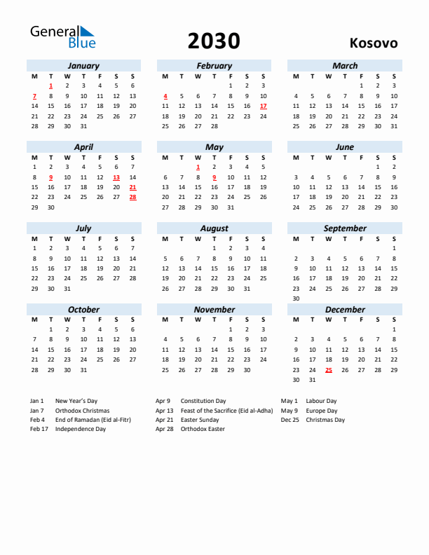 2030 Calendar for Kosovo with Holidays