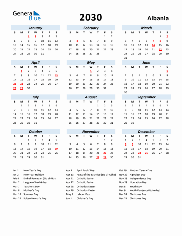 2030 Calendar for Albania with Holidays