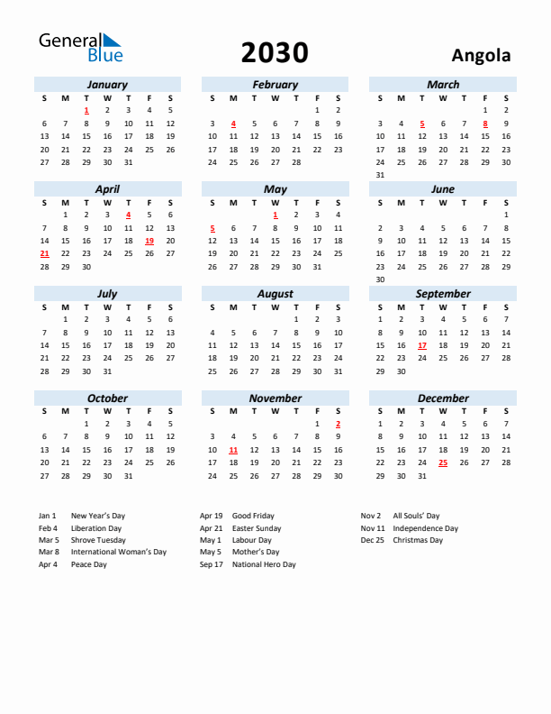 2030 Calendar for Angola with Holidays