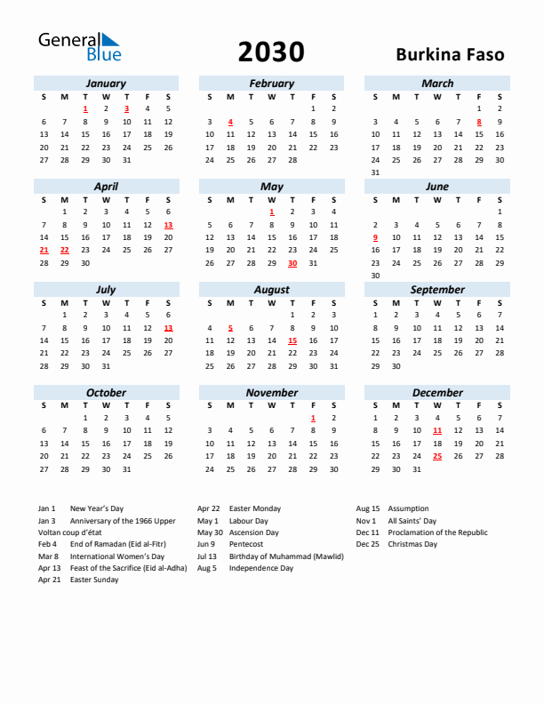 2030 Calendar for Burkina Faso with Holidays