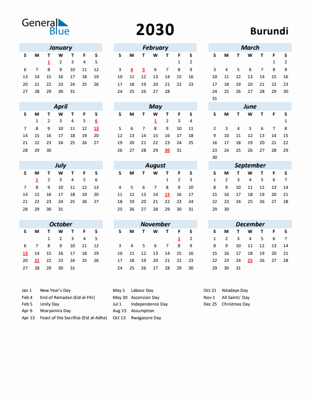 2030 Calendar for Burundi with Holidays