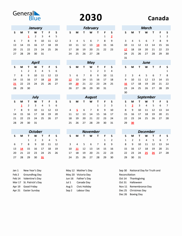 2030 Calendar for Canada with Holidays