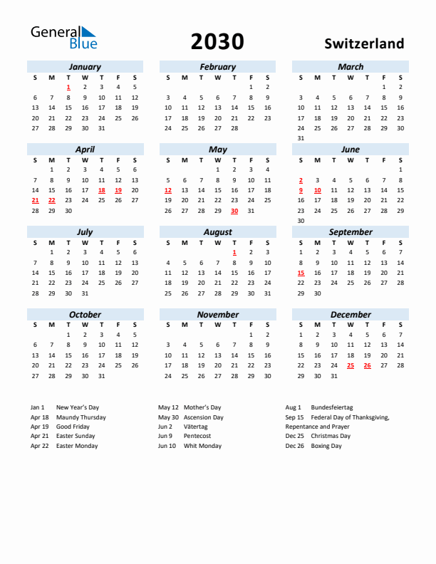 2030 Calendar for Switzerland with Holidays