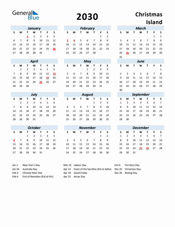 2030 Calendar for Christmas Island with Holidays