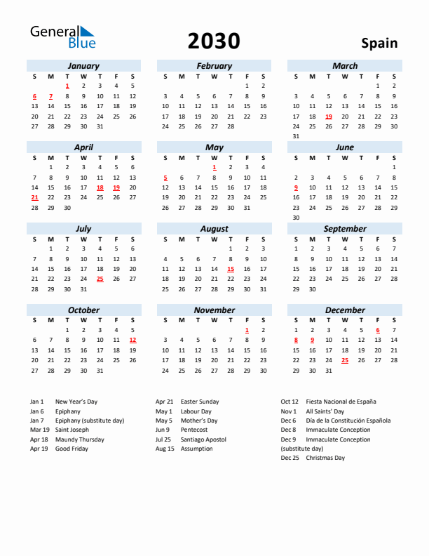 2030 Calendar for Spain with Holidays