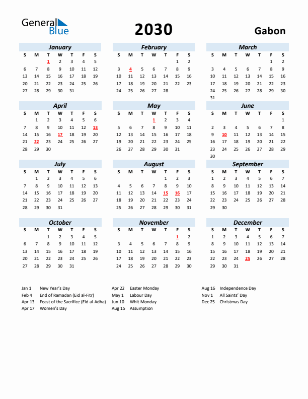 2030 Calendar for Gabon with Holidays