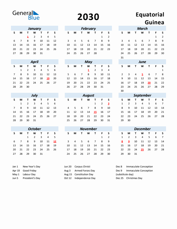 2030 Calendar for Equatorial Guinea with Holidays