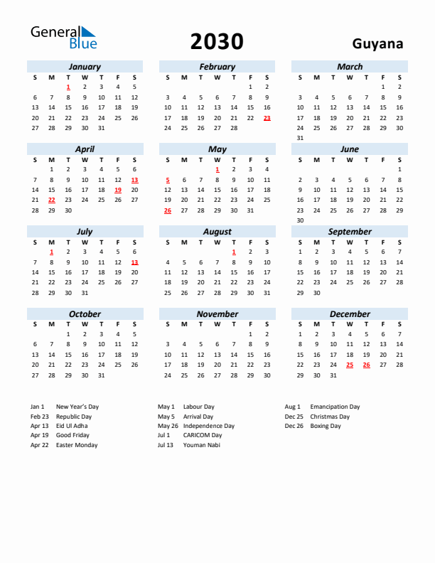 2030 Calendar for Guyana with Holidays