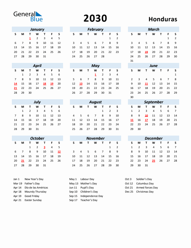 2030 Calendar for Honduras with Holidays