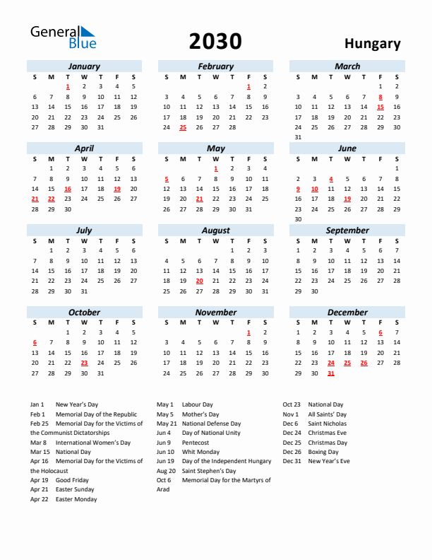 2030 Calendar for Hungary with Holidays