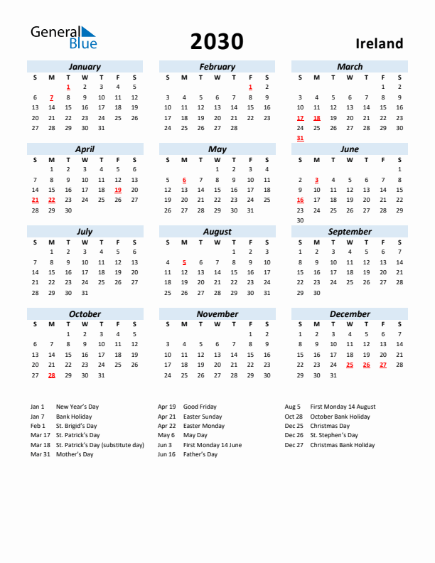 2030 Calendar for Ireland with Holidays