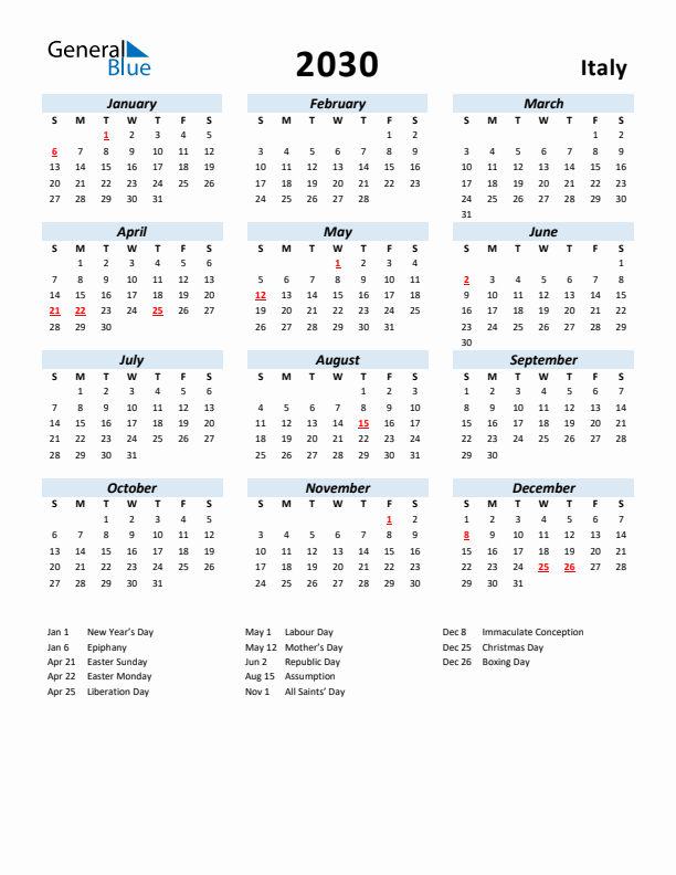 2030 Calendar for Italy with Holidays