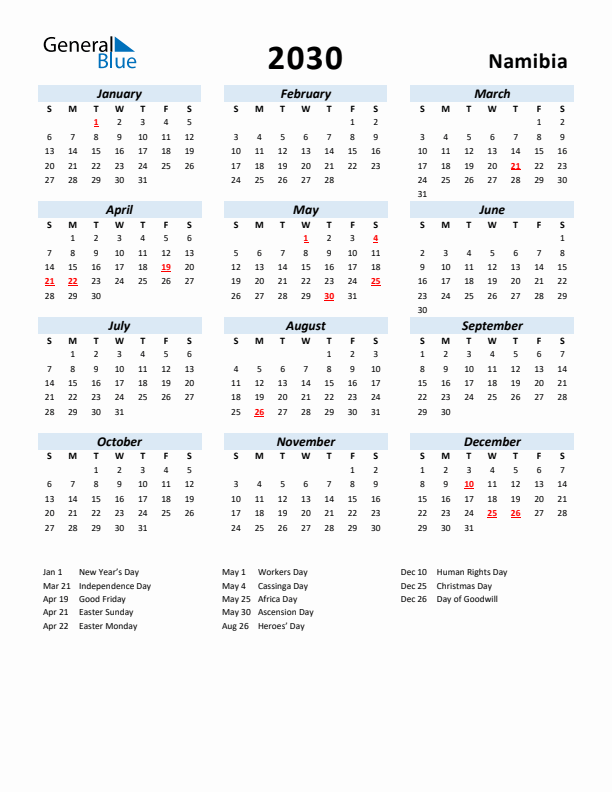 2030 Calendar for Namibia with Holidays