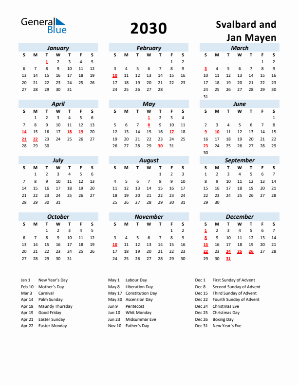 2030 Calendar for Svalbard and Jan Mayen with Holidays