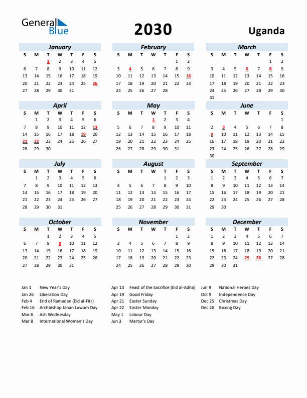 2030 Calendar for Uganda with Holidays