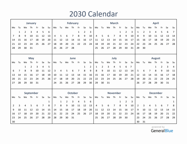 One-Page Yearly Calendar 2030 in PDF, Excel, Word