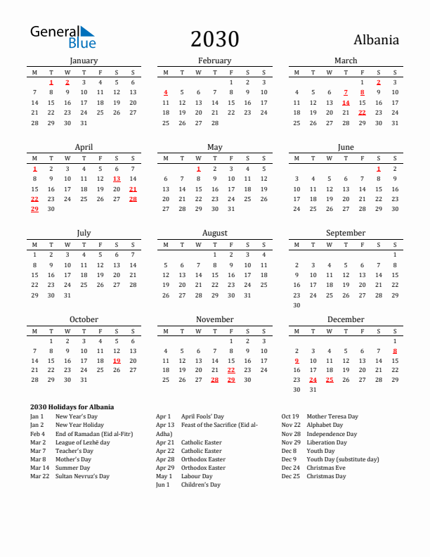 Albania Holidays Calendar for 2030