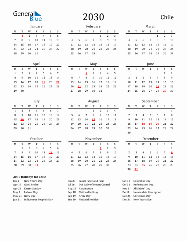 Chile Holidays Calendar for 2030