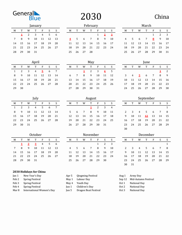 China Holidays Calendar for 2030