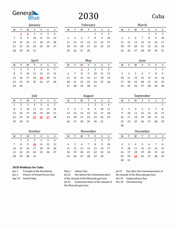 Cuba Holidays Calendar for 2030