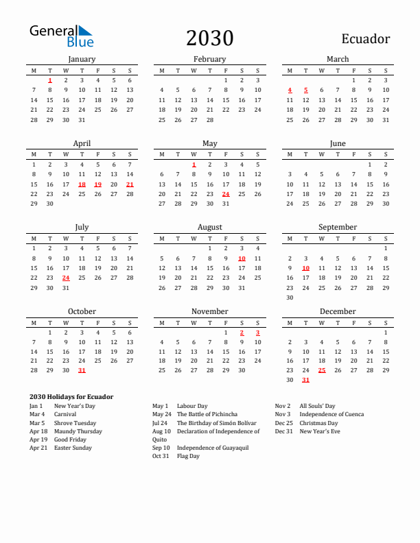 Ecuador Holidays Calendar for 2030