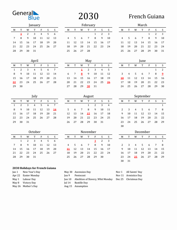 French Guiana Holidays Calendar for 2030