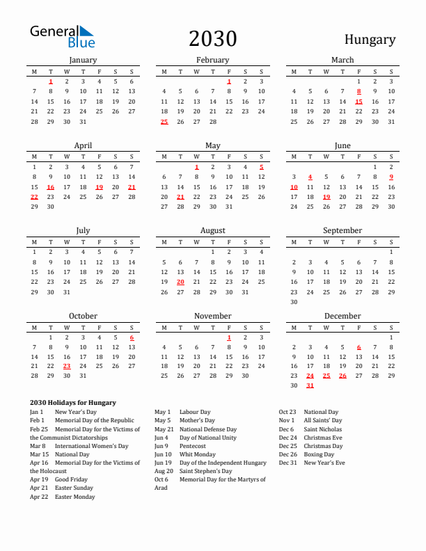 Hungary Holidays Calendar for 2030