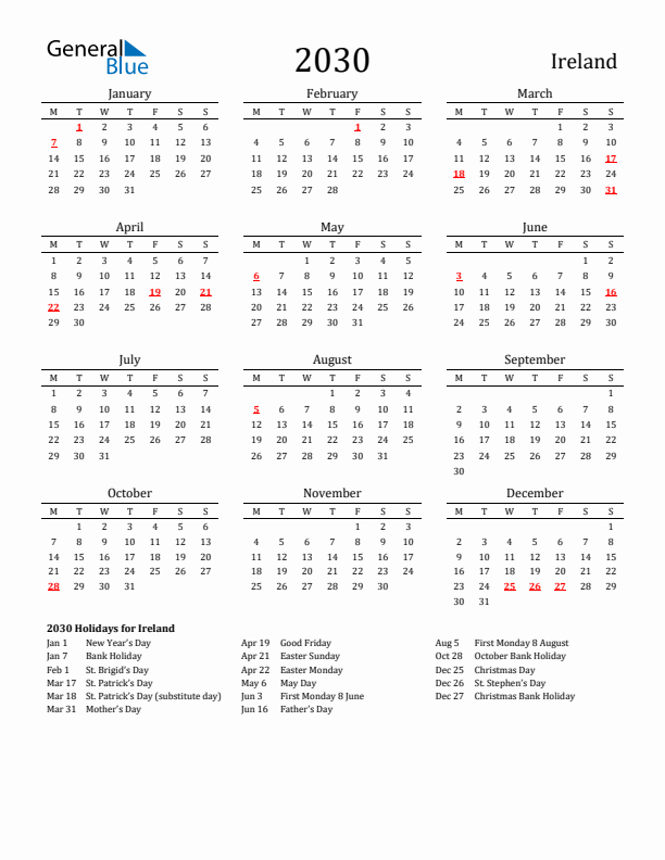 Ireland Holidays Calendar for 2030