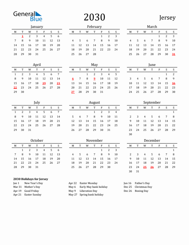 Jersey Holidays Calendar for 2030