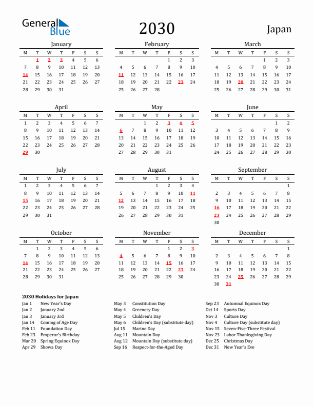 Japan Holidays Calendar for 2030