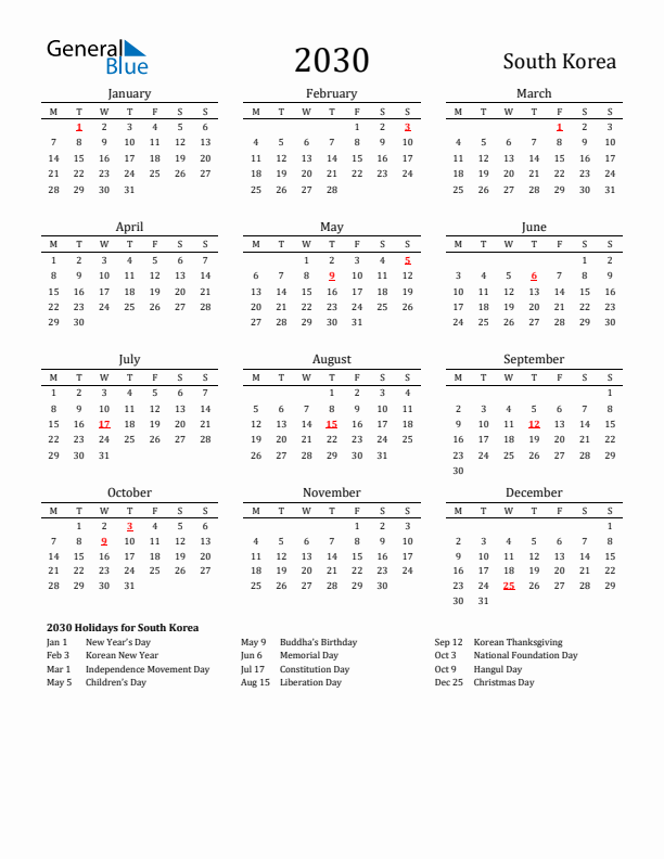 South Korea Holidays Calendar for 2030