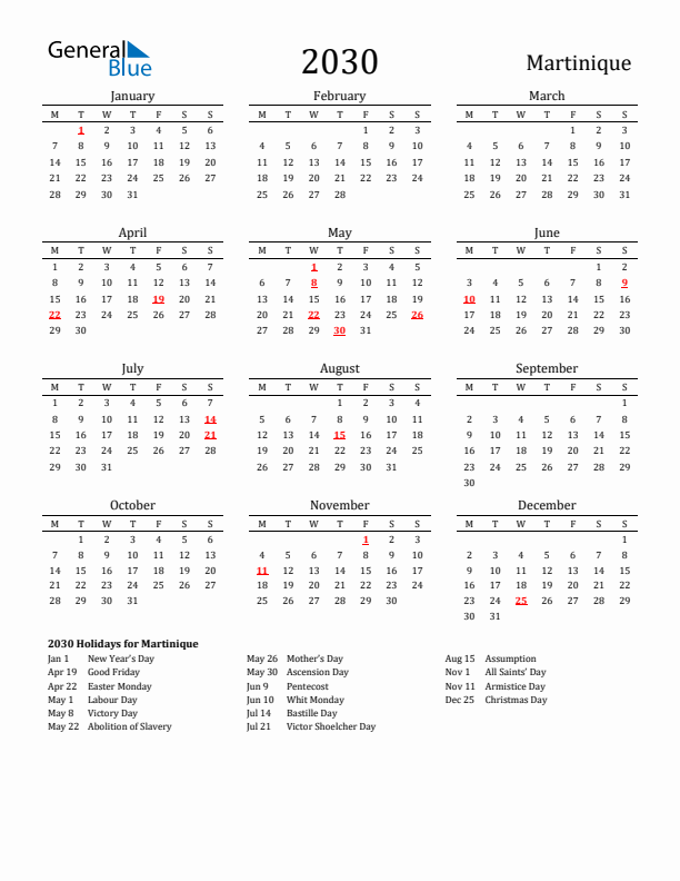 Martinique Holidays Calendar for 2030